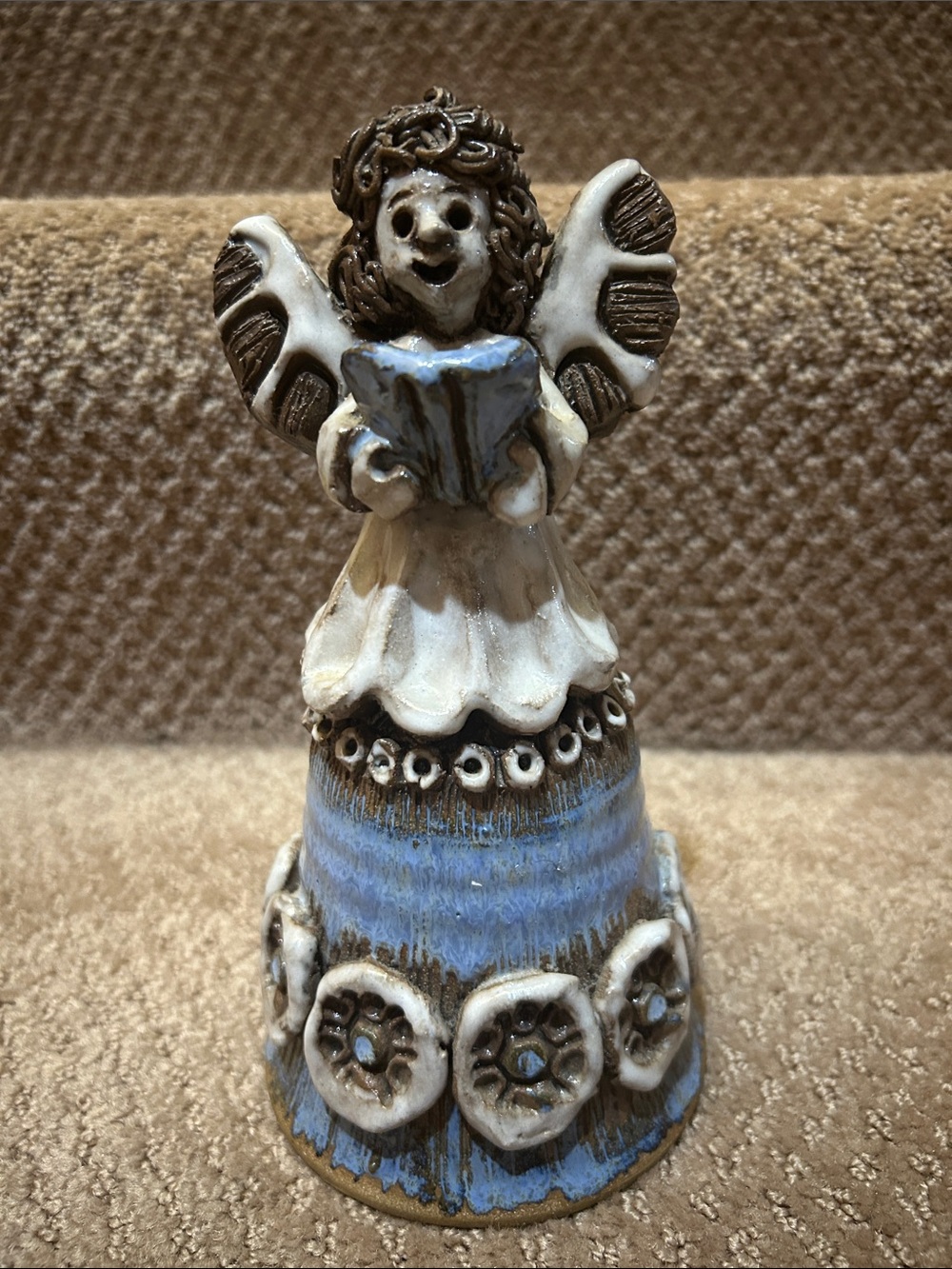 Handcrafted Adams Originals Blue Ceramic Angel Figurine Bell singing choir folk